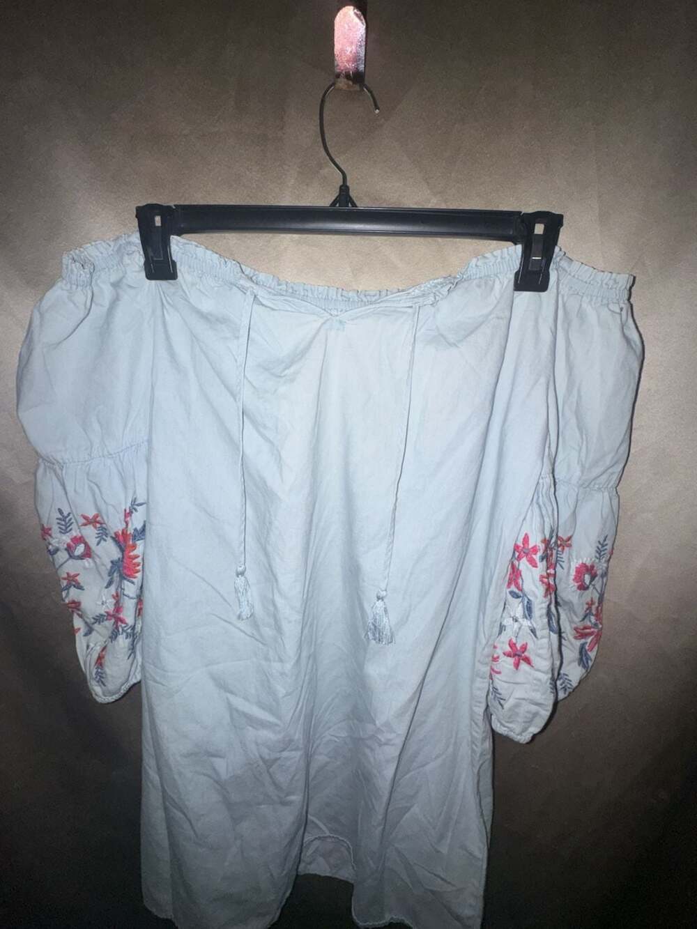 Aeropostale Off-Shoulder Chambray Embroidered Balloon Sleeve Mini Dress - Picture 2 of 6